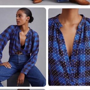 ANTHROPOLOGIE PILCRO FEMME PLAID BUTTONDOWN BLOUSE SHIRT TOP BLUE PINK COMBO